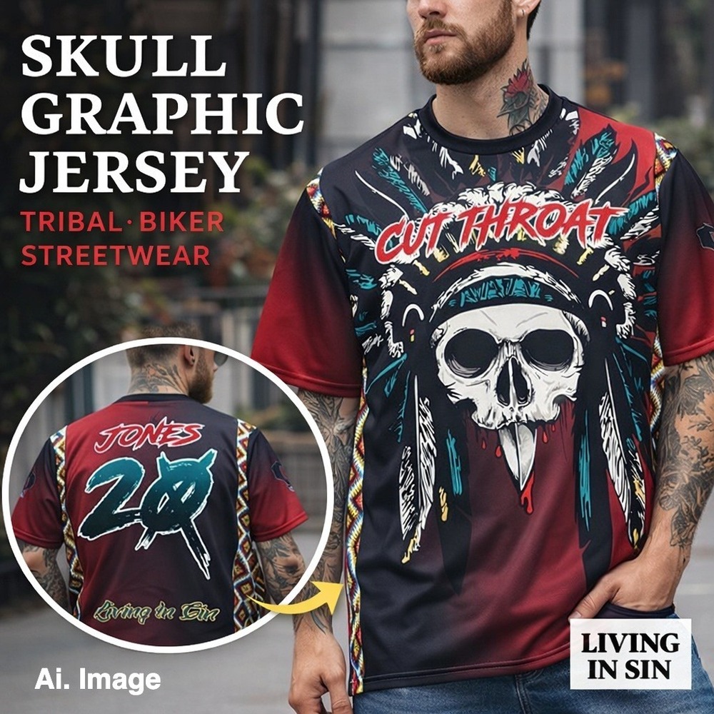 Skull Graphic Jersey Shirt Mens‎ L Tribal Biker Streetwear Jones 20 Goth Y2K